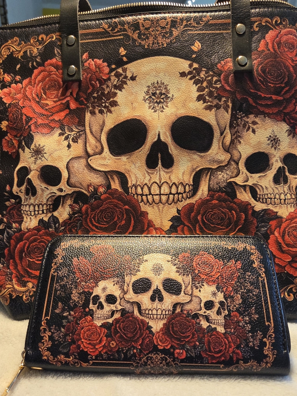 Skull & Red Rose Tote and Wallet Set